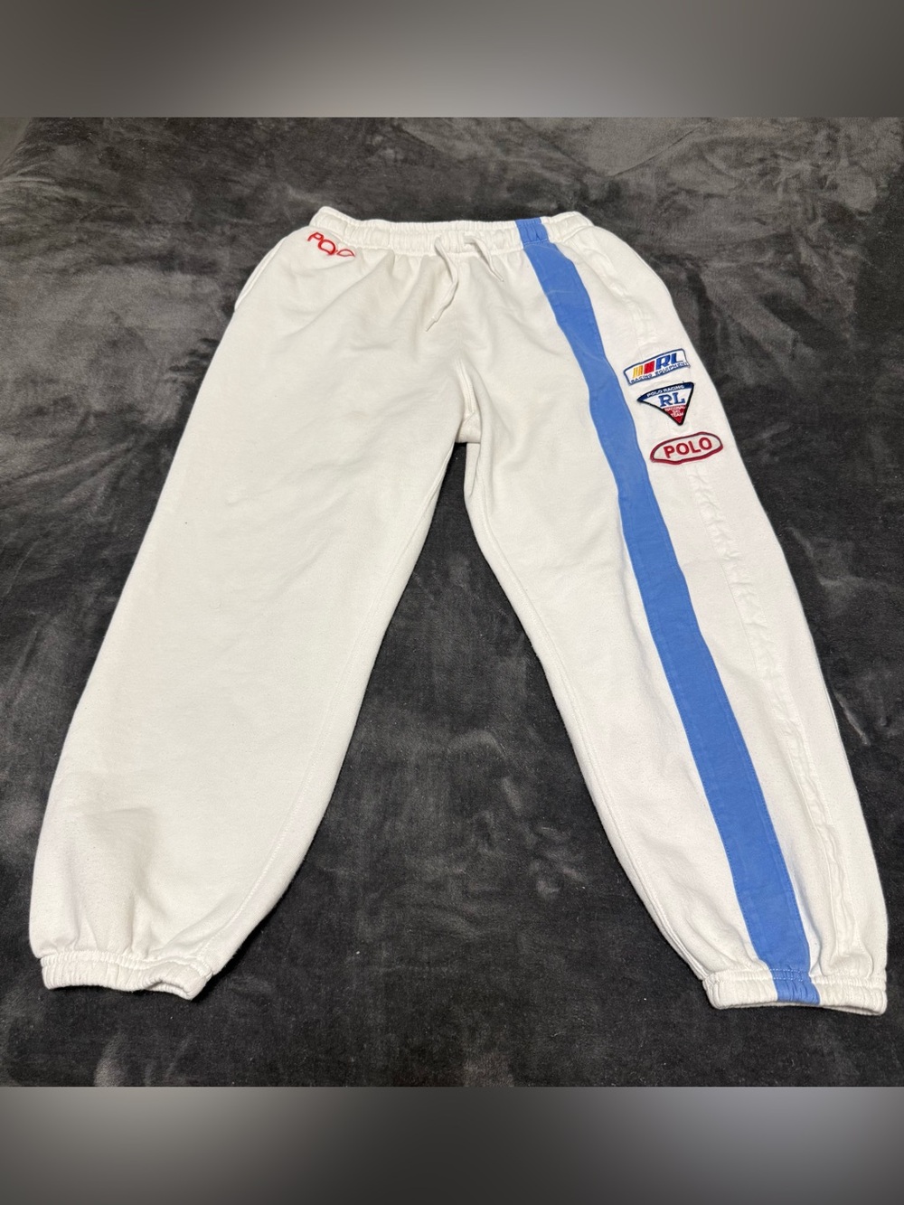 Ralph Lauren White Sweatpants with Blue Side Stripe and Polo Patches
